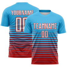 Laden Sie das Bild in den Galerie-Viewer, Custom Sky Blue White-Red Gradient Pinstripe Sublimation Soccer Uniform Jersey
