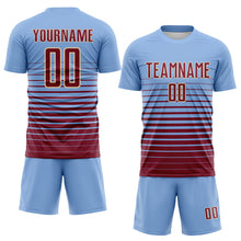 Charger l'image dans la galerie, Custom Light Blue Crimson-Cream Gradient Pinstripe Sublimation Soccer Uniform Jersey
