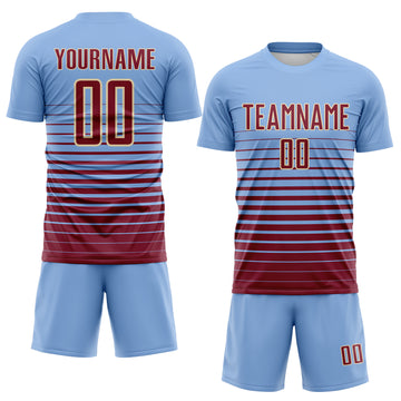 Custom Light Blue Crimson-Cream Gradient Pinstripe Sublimation Soccer Uniform Jersey