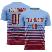 Charger l'image dans la galerie, Custom Light Blue Crimson-Cream Gradient Pinstripe Sublimation Soccer Uniform Jersey
