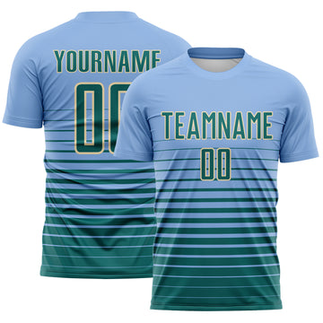 Custom Light Blue Teal-Cream Gradient Pinstripe Sublimation Soccer Uniform Jersey