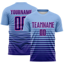 Load image into Gallery viewer, Custom Light Blue Dark Purple-Pink Gradient Pinstripe Sublimation Soccer Uniform Jersey
