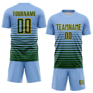Custom Light Blue Green-Gold Gradient Pinstripe Sublimation Soccer Uniform Jersey