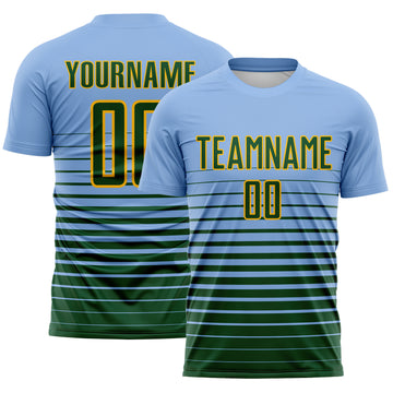 Custom Light Blue Green-Gold Gradient Pinstripe Sublimation Soccer Uniform Jersey