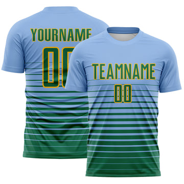 Custom Light Blue Kelly Green-Gold Gradient Pinstripe Sublimation Soccer Uniform Jersey