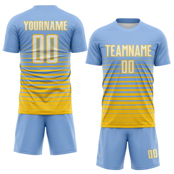 Custom Light Blue White-Yellow Gradient Pinstripe Sublimation Soccer Uniform Jersey