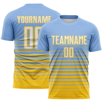 Custom Light Blue White-Yellow Gradient Pinstripe Sublimation Soccer Uniform Jersey