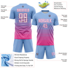Laden Sie das Bild in den Galerie-Viewer, Custom Light Blue White-Pink Gradient Pinstripe Sublimation Soccer Uniform Jersey
