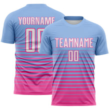 Laden Sie das Bild in den Galerie-Viewer, Custom Light Blue White-Pink Gradient Pinstripe Sublimation Soccer Uniform Jersey
