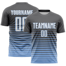 Charger l'image dans la galerie, Custom Steel Gray White-Light Blue Gradient Pinstripe Sublimation Soccer Uniform Jersey
