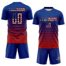 Загрузить изображение в средство просмотра галереи, Custom Royal Vintage USA Flag Black-Red Gradient Pinstripe Sublimation Soccer Uniform Jersey
