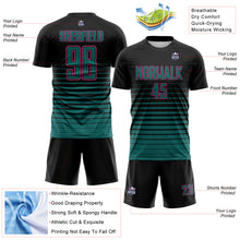 Load image into Gallery viewer, Custom Black Teal-Pink Gradient Pinstripe Sublimation Soccer Uniform Jersey
