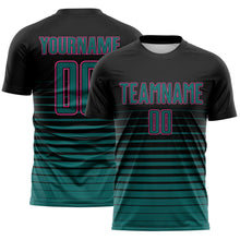 Load image into Gallery viewer, Custom Black Teal-Pink Gradient Pinstripe Sublimation Soccer Uniform Jersey
