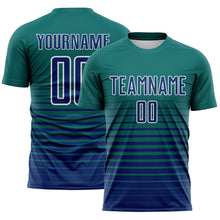 Загрузить изображение в средство просмотра галереи, Custom Teal US Navy Blue-White Gradient Pinstripe Sublimation Soccer Uniform Jersey

