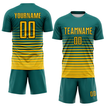 Custom Teal Yellow-Black Gradient Pinstripe Sublimation Soccer Uniform Jersey