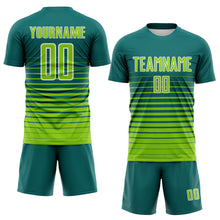 Загрузить изображение в средство просмотра галереи, Custom Teal Neon Green-White Gradient Pinstripe Sublimation Soccer Uniform Jersey

