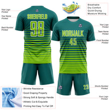 Загрузить изображение в средство просмотра галереи, Custom Teal Neon Green-White Gradient Pinstripe Sublimation Soccer Uniform Jersey
