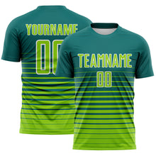 Загрузить изображение в средство просмотра галереи, Custom Teal Neon Green-White Gradient Pinstripe Sublimation Soccer Uniform Jersey
