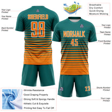 Загрузить изображение в средство просмотра галереи, Custom Teal Bay Orange-White Gradient Pinstripe Sublimation Soccer Uniform Jersey
