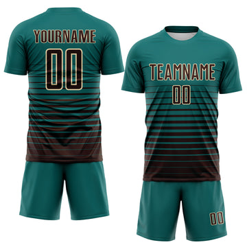 Custom Teal Brown-Cream Gradient Pinstripe Sublimation Soccer Uniform Jersey