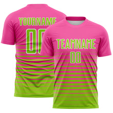 Load image into Gallery viewer, Custom Pink Neon Green-White Gradient Pinstripe Sublimation Soccer Uniform Jersey
