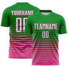 Laden Sie das Bild in den Galerie-Viewer, Custom Grass Green White Pink-Black Gradient Pinstripe Sublimation Soccer Uniform Jersey

