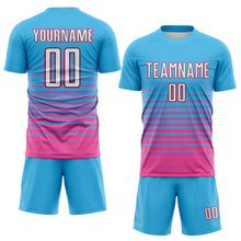 Загрузить изображение в средство просмотра галереи, Custom Sky Blue White Pink-Black Gradient Pinstripe Sublimation Soccer Uniform Jersey
