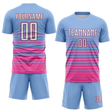 Charger l'image dans la galerie, Custom Light Blue White Pink-Black Gradient Pinstripe Sublimation Soccer Uniform Jersey
