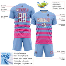 Charger l'image dans la galerie, Custom Light Blue White Pink-Black Gradient Pinstripe Sublimation Soccer Uniform Jersey
