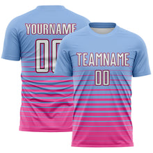 Charger l'image dans la galerie, Custom Light Blue White Pink-Black Gradient Pinstripe Sublimation Soccer Uniform Jersey
