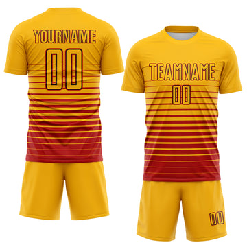 Custom Gold Red-Black Gradient Pinstripe Sublimation Soccer Uniform Jersey