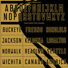 Laden Sie das Bild in den Galerie-Viewer, Custom Old Gold Black Diagonal Streamline Color Block Swirl Curve Lines Sublimation Soccer Uniform Jersey
