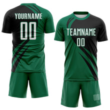 Загрузить изображение в средство просмотра галереи, Custom Kelly Green White-Black Diagonal Streamline Color Block Swirl Curve Lines Sublimation Soccer Uniform Jersey
