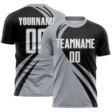 Load image into Gallery viewer, Custom Gray White-Black Diagonal Streamline Color Block Swirl Curve Lines Sublimation Soccer Uniform Jersey
