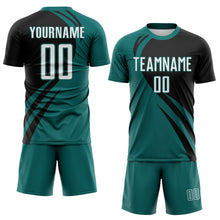 Загрузить изображение в средство просмотра галереи, Custom Teal White-Black Diagonal Streamline Color Block Swirl Curve Lines Sublimation Soccer Uniform Jersey
