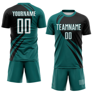 Custom Teal White-Black Diagonal Streamline Color Block Swirl Curve Lines Sublimation Soccer Uniform Jersey