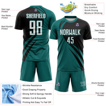 Загрузить изображение в средство просмотра галереи, Custom Teal White-Black Diagonal Streamline Color Block Swirl Curve Lines Sublimation Soccer Uniform Jersey
