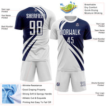 Load image into Gallery viewer, Custom White Navy Diagonal Streamline Color Block Swirl Curve Lines Sublimation Soccer Uniform Jersey
