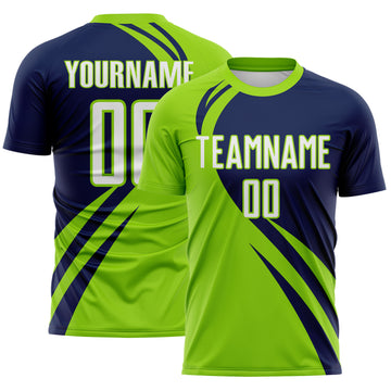 Custom Neon Green White-Navy Diagonal Streamline Color Block Swirl Curve Lines Sublimation Soccer Uniform Jersey