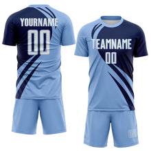 Charger l'image dans la galerie, Custom Light Blue White-Navy Diagonal Streamline Color Block Swirl Curve Lines Sublimation Soccer Uniform Jersey
