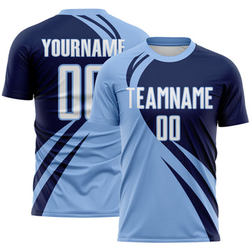 Custom Light Blue White-Navy Diagonal Streamline Color Block Swirl Curve Lines Sublimation Soccer Uniform Jersey