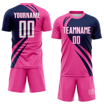 Custom Pink White-Navy Diagonal Streamline Color Block Swirl Curve Lines Sublimation Soccer Uniform Jersey