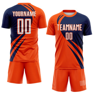 Custom Orange White-Navy Diagonal Streamline Color Block Swirl Curve Lines Sublimation Soccer Uniform Jersey