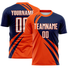 Load image into Gallery viewer, Custom Orange White-Navy Diagonal Streamline Color Block Swirl Curve Lines Sublimation Soccer Uniform Jersey
