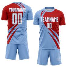 Load image into Gallery viewer, Custom Light Blue White-Red Diagonal Streamline Color Block Swirl Curve Lines Sublimation Soccer Uniform Jersey
