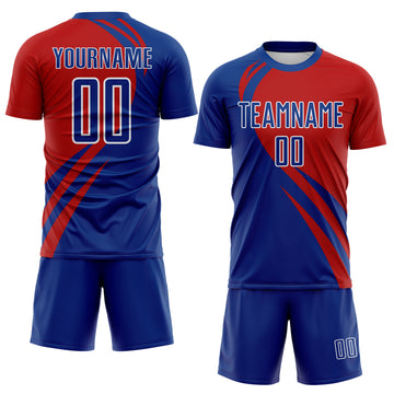 Custom Royal Red-White Diagonal Streamline Color Block Swirl Curve Lines Sublimation Soccer Uniform Jersey