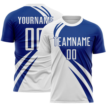 Custom White Royal Diagonal Streamline Color Block Swirl Curve Lines Sublimation Soccer Uniform Jersey