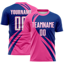 Load image into Gallery viewer, Custom Pink White-Royal Diagonal Streamline Color Block Swirl Curve Lines Sublimation Soccer Uniform Jersey
