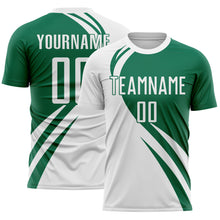 Load image into Gallery viewer, Custom White Kelly Green Diagonal Streamline Color Block Swirl Curve Lines Sublimation Soccer Uniform Jersey
