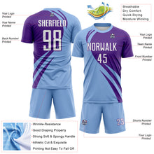 Load image into Gallery viewer, Custom Light Blue White-Purple Diagonal Streamline Color Block Swirl Curve Lines Sublimation Soccer Uniform Jersey

